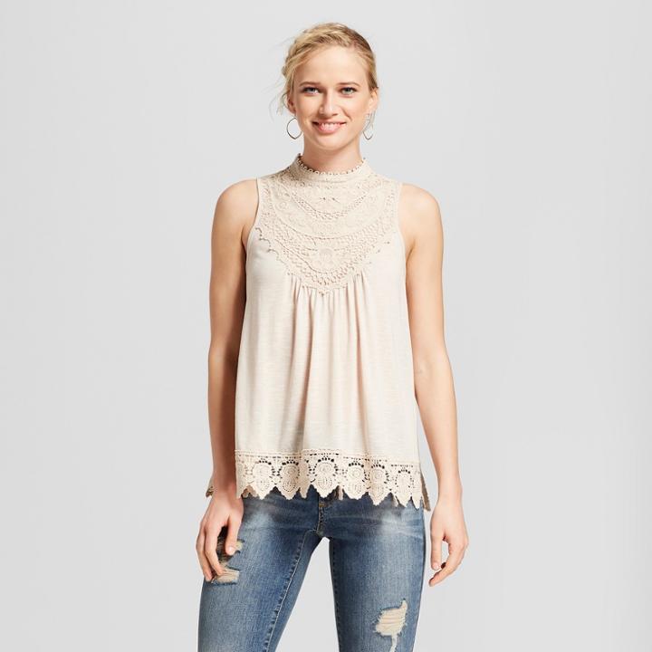 Women's Sleeveless High Neck Lace Tank Top - Xhilaration Light Sand (brown)
