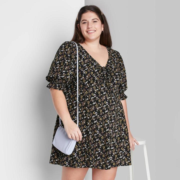 Women's Plus Size Floral Print Puff Short Sleeve Tie-front Dress - Wild Fable Black