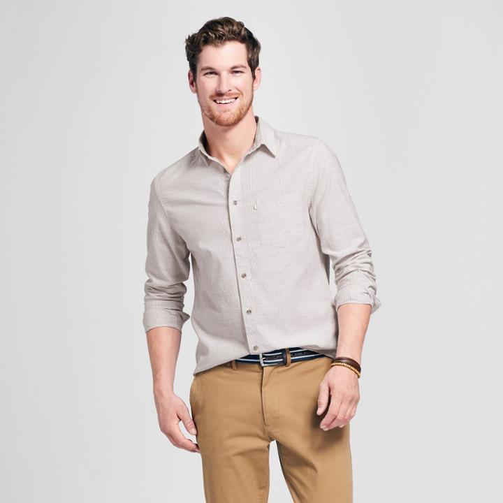 Men's Long Sleeve Cotton Slub Texture Button-down Shirt - Goodfellow & Co Taupe (brown)