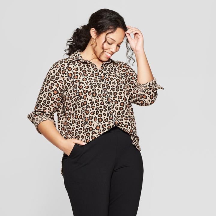Women's Plus Size Leopard Print Long Sleeve Collared Button-down Blouse - Ava & Viv Brown