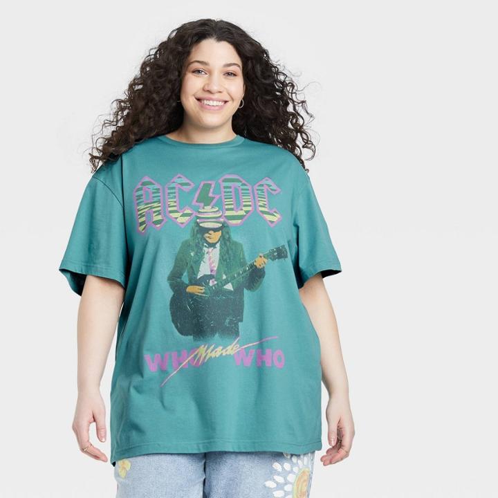 Women's Ac/dc Plus Size Short Sleeve Oversized Graphic T-shirt - Blue