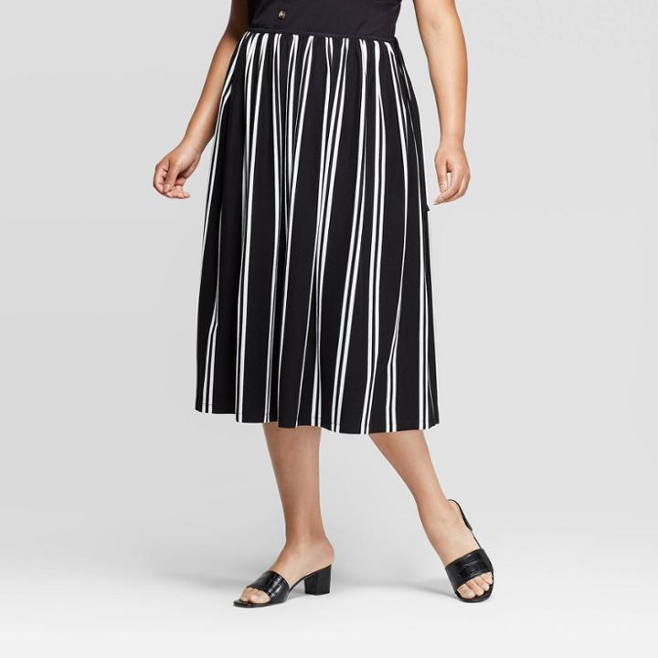 Women's Plus Size Striped Mid-rise Full Knit Skirt - Who What Wear Black