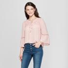Women's 3/4 Sleeve Lace-up Blouse With Lace Yoke - Spenser Jeremy - Pink