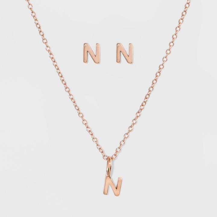 Sterling Silver Initial N Earrings And Necklace Set - A New Day Rose Gold, Girl's, Rose Gold - N