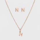 Sterling Silver Initial N Earrings And Necklace Set - A New Day Rose Gold, Girl's, Rose Gold - N