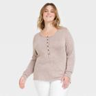 Women's Plus Size Long Sleeve Henley Neck Shirt - Universal Thread Brown