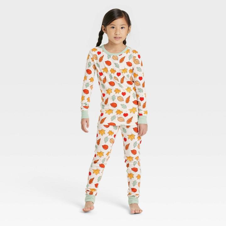 No Brand Kid's Fall Leaf Print Matching Family Pajama Set - Cream