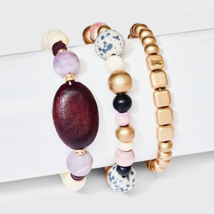 Semi-precious Lepidolite And Dalmatian Jasper Stretch Bracelet Set 3pc - Universal Thread