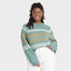 Women's Plus Size Mock Turtleneck Pullover Sweater - Universal Thread Teal Green Fair Isle