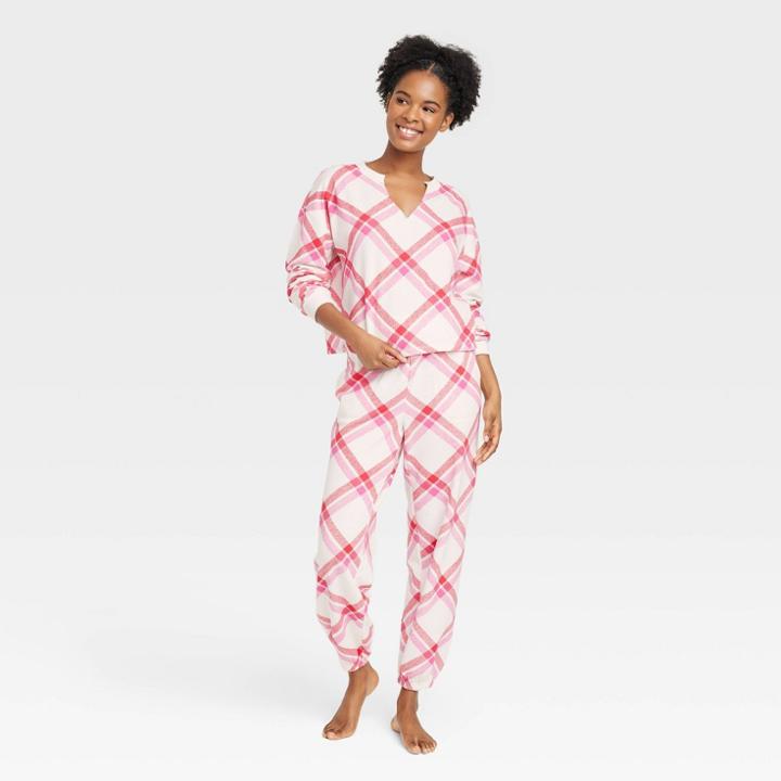 Women's Plaid Fleece Lounge Jogger Pants - Colsie Pink