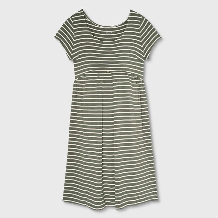 Striped Short Sleeve Pleated Front A-line Maternity Dress - Isabel Maternity By Ingrid & Isabel Cream