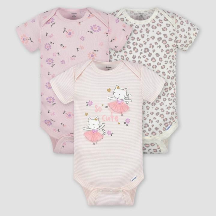 Gerber Baby 3pk Ballerina Short Sleeve Onesies - White/pink Newborn