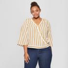 Women's Plus Size Striped Wrap Front Short Sleeve Top - Ava & Viv Yellow