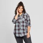 Junk Food Women's Plus Size Long Sleeve Button-down Flannel Shirt - Blue