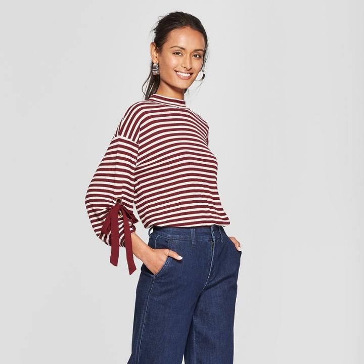 Women's Striped 3/4 Sleeve Turtleneck Blouse - 3hearts (juniors') Burgundy/oatmeal