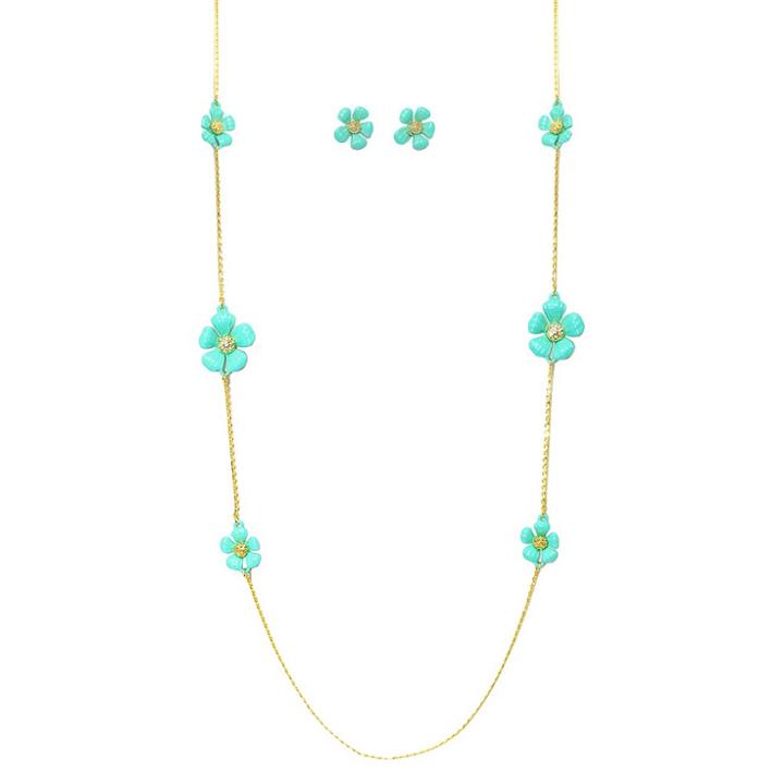 Zirconmania Women's Zirconite Daisy Flowers And Crystals Enamel And Gold Electroplated Station Necklace And Earrings Set - Turquoise