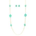 Zirconmania Women's Zirconite Daisy Flowers And Crystals Enamel And Gold Electroplated Station Necklace And Earrings Set - Turquoise