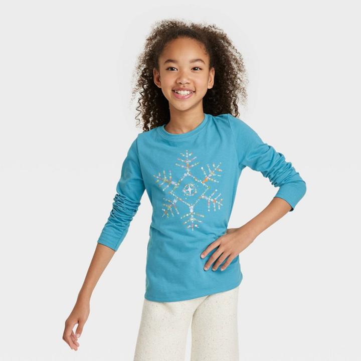 Girls' Long Sleeve 'snowflake' Graphic T-shirt - Cat & Jack Aqua Blue
