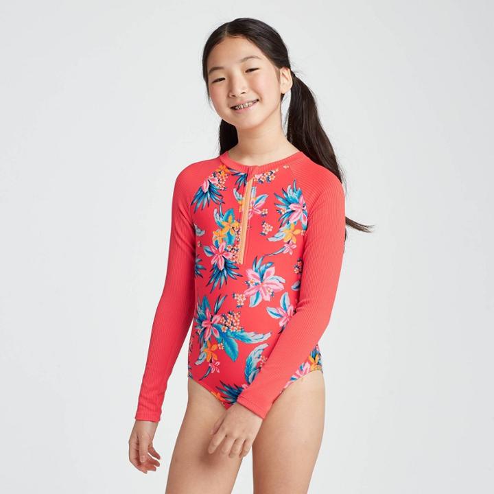 Girls' Hawaiian Escape One Piece Rash Guard - Art Class Coral Xl, Girl's, Pink