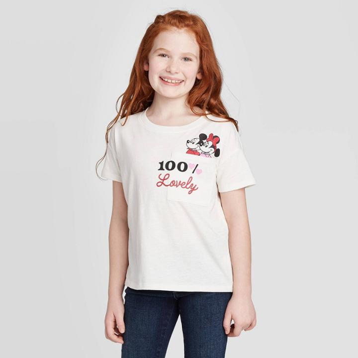 Disney Girls' 100% Lovely Pocket T-shirt - White Xs, Girl's, Beige