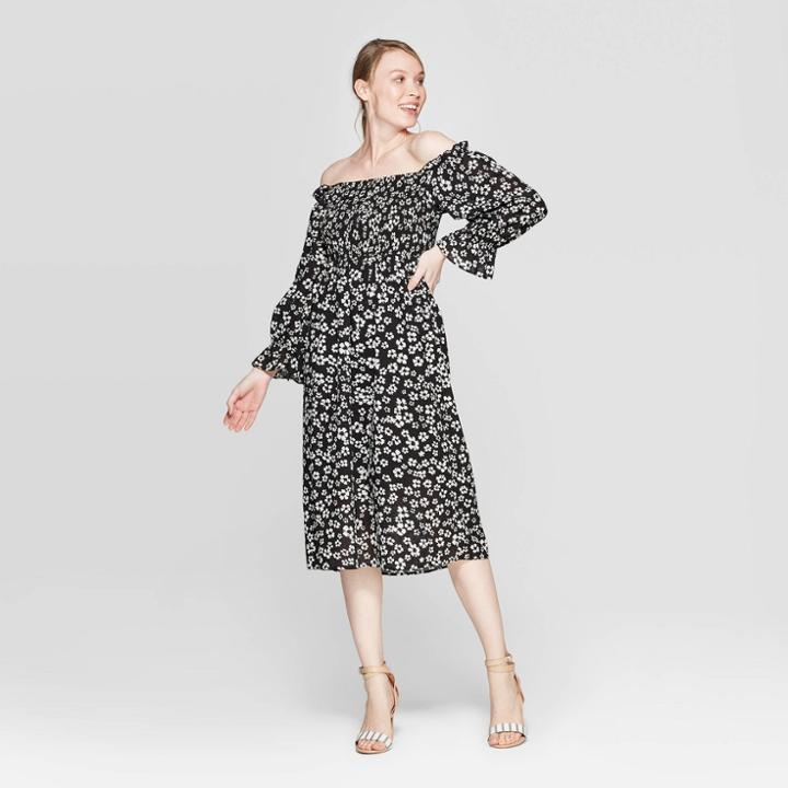 Women's Floral Print Off The Shoulder Long Sleeve Shirred Midi A Line Dress - Who What Wear Black