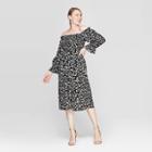 Women's Floral Print Off The Shoulder Long Sleeve Shirred Midi A Line Dress - Who What Wear Black