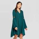 Women's Long Sleeve V-neck Shift Mini Dress - Knox Rose Green