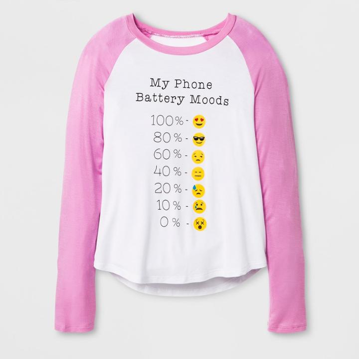 Grayson Social Girls' Battery Phone Moods Long Sleeve Raglan T-shirt - White