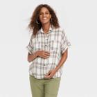 The Nines By Hatch Dolman Elbow Sleeve Button-down Maternity Shirt White Plaid