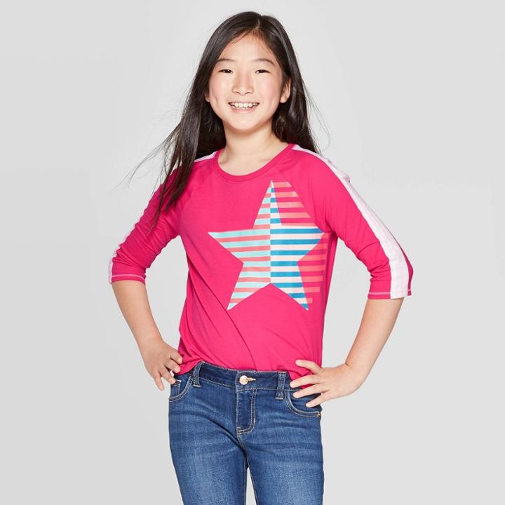 Girls' 3/4 Sleeve Star Baseball T-shirt - Cat & Jack Dark Pink