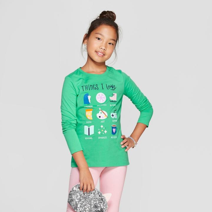 Girls' Long Sleeve Things I Love Graphic T-shirt - Cat & Jack Green