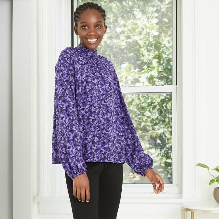 Women's Floral Print Long Sleeve Blouse - A New Day Blue