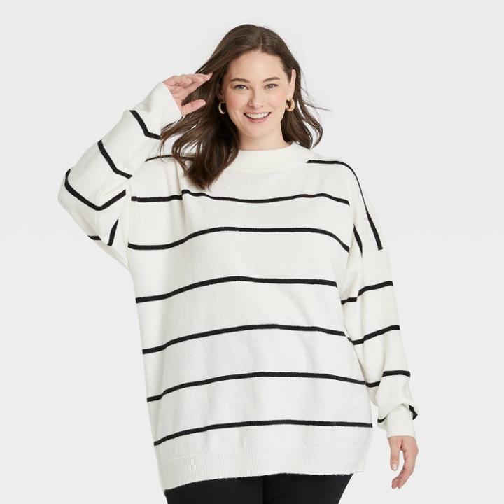 Women's Plus Size Slouchy Mock Turtleneck Pullover Sweater - A New Day Cream Striped 1x, Ivory