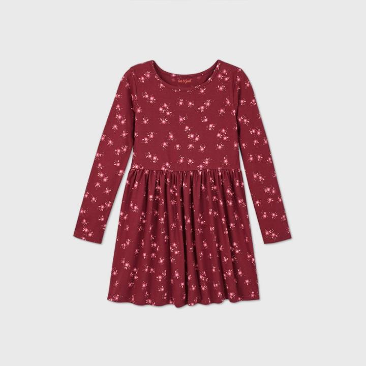 Girls' Long Sleeve Printed Knit Dress - Cat & Jack Burgundy