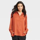 Women's Long Sleeve Satin Button-down Shirt - A New Day Rust