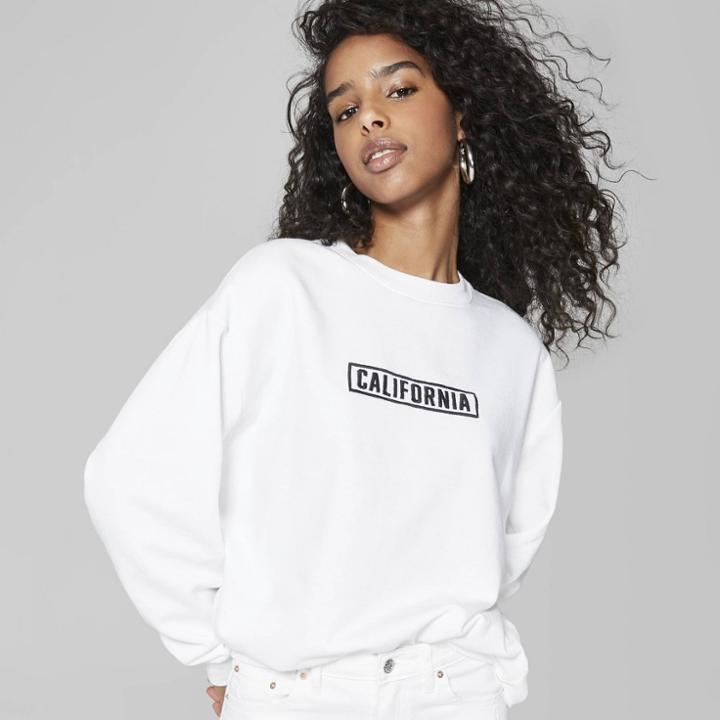 Women's Oversized Crew Neck Embroidered Sweatshirt - Wild Fable White