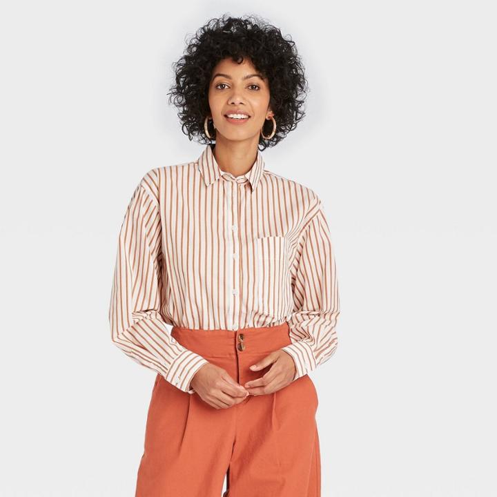 Women's Striped Long Sleeve Button-down Boyfriend Shirt - A New Day Dark Orange