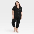 Women's Plus Size Beautifully Soft Notch Collar Cropped Pajama Set - Stars Above Black