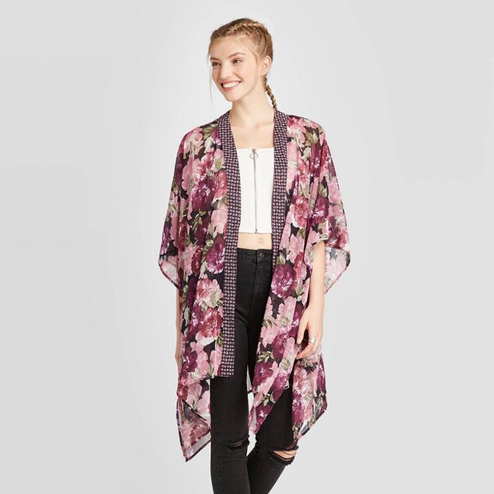 Women's Floral Print Short Sleeve Handkerchief Hem Kimono - Xhilaration Purple Xs/s, Women's, Size: Xs/small, Black