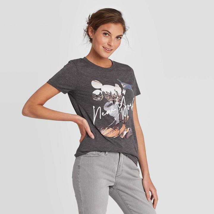 Women's Disney Short Sleeve Round Neck New York Mickey Empire Graphic T-shirt - Gray