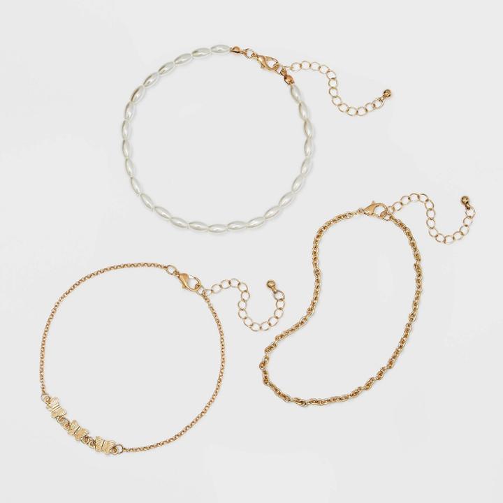 Pearl And Butterfly Chain Anklet Set 3pc - Wild Fable White/gold