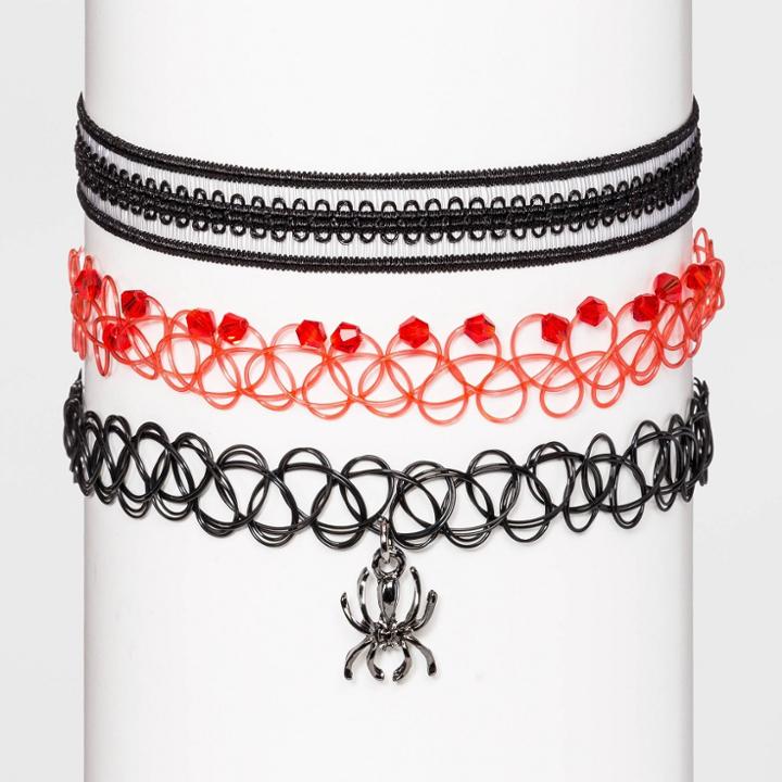 No Brand Spider Charm Choker Necklace Set 3pc, Black/grey/red