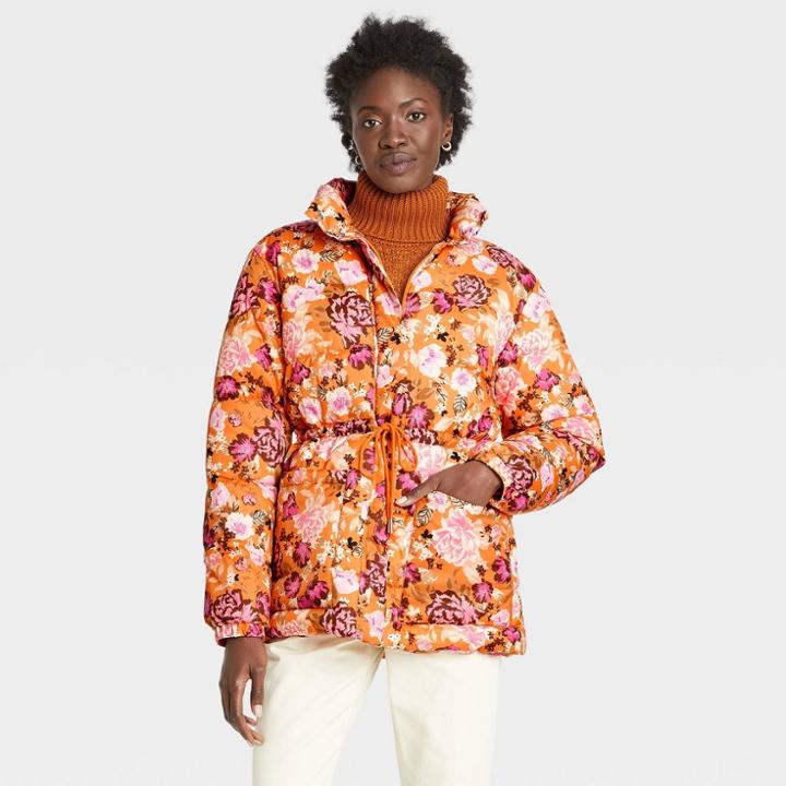 Women's Puffer Jacket - Who What Wear Brown Floral