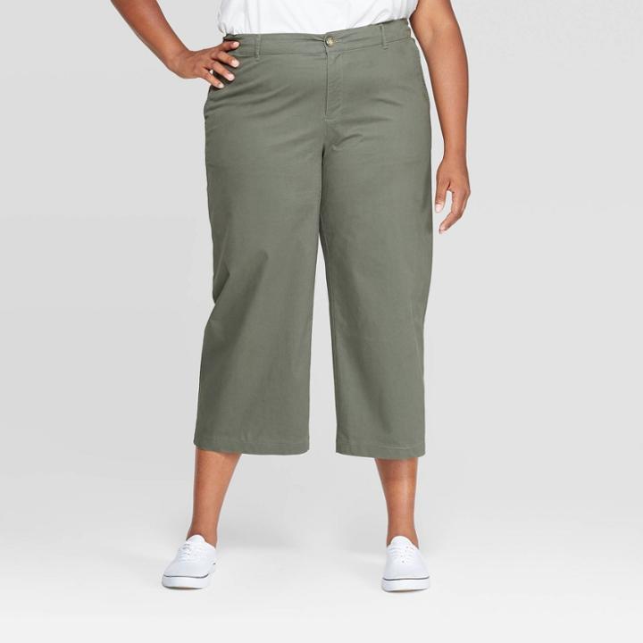 Women's Plus Size Cropped Wide Leg Chino Pants - Ava & Viv Olive (green)