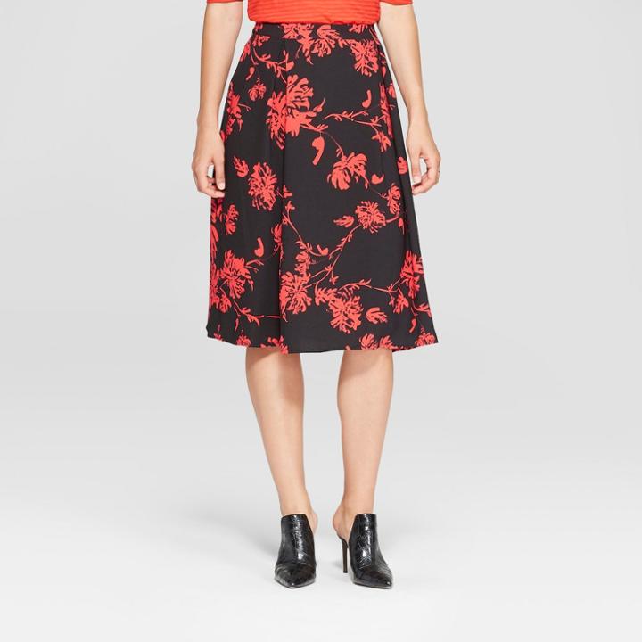 Women's Floral Print Birdcage Midi Skirt - Who What Wear Black/red 10, Black/red Floral
