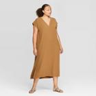 Women's Plus Size Short Sleeve V-neck Midi Shift Dress - Prologue Brown