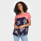 Women's Floral Print Short Sleeve Scoop Neck Knit To Woven T-shirt - Knox Rose Coral