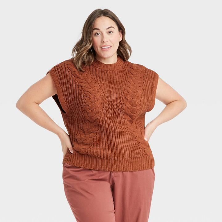 Women's Plus Size Crewneck Cable Knit Sweater Vest - A New Day Brown