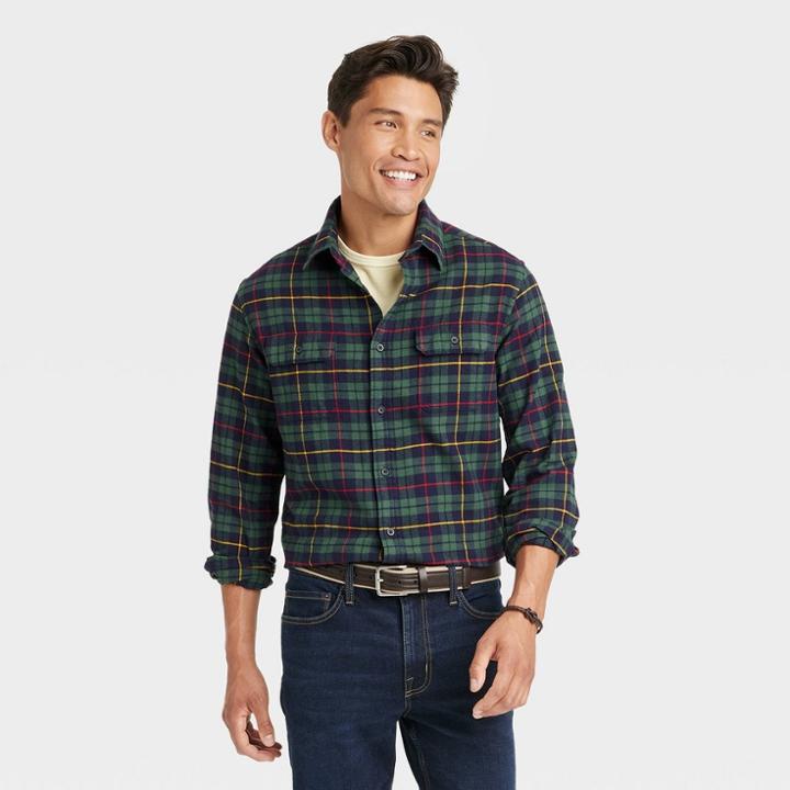 Men's Midweight Flannel Button-down Shirt - Goodfellow & Co Olive Green
