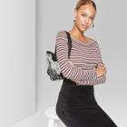 Women's Striped Long Sleeve Boat Neck Fitted T-shirt - Wild Fable Burgundy